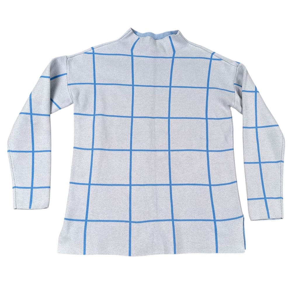 LOFT Womens Grey Blue Windowpane Plaid Mock Neck Knit Sweater XS Relaxed 717